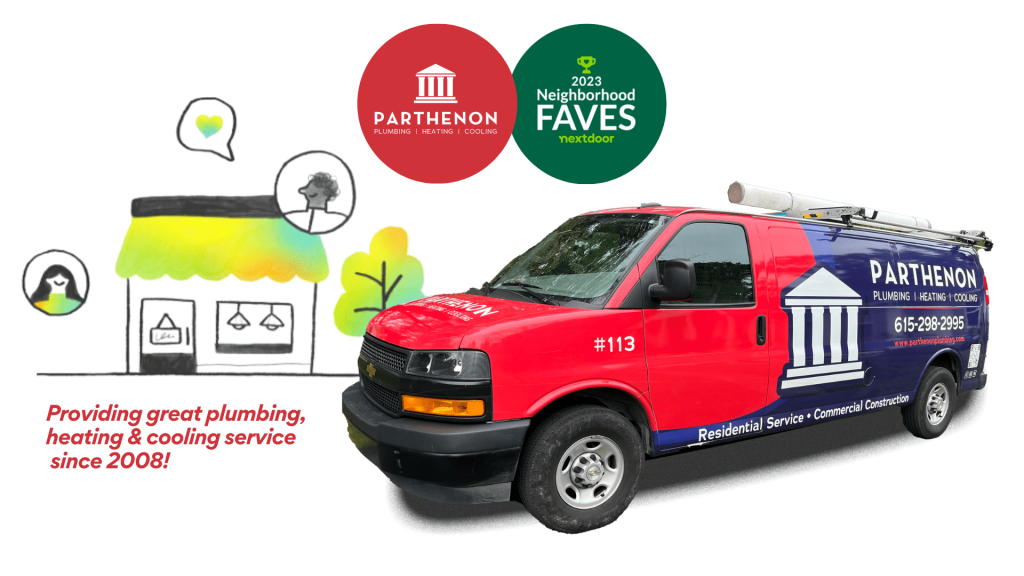 Parthenon Plumbing van with awards and service illustration