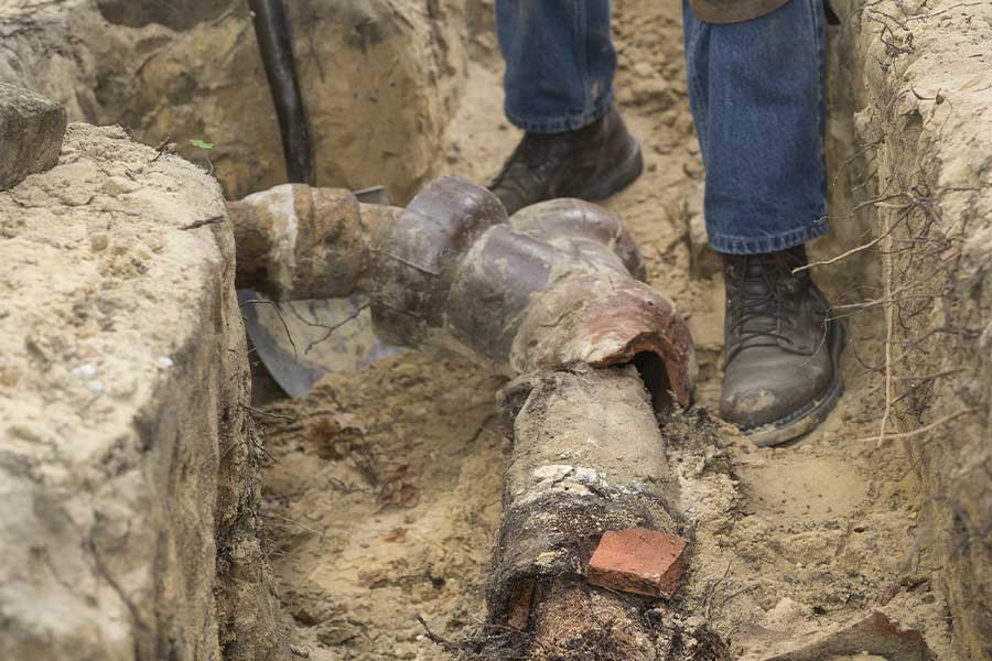 Broken sewer pipe exposed during excavation