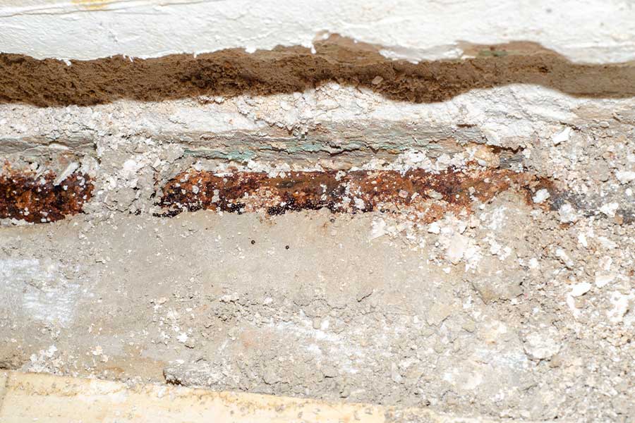 Corroded pipe embedded in crumbling concrete