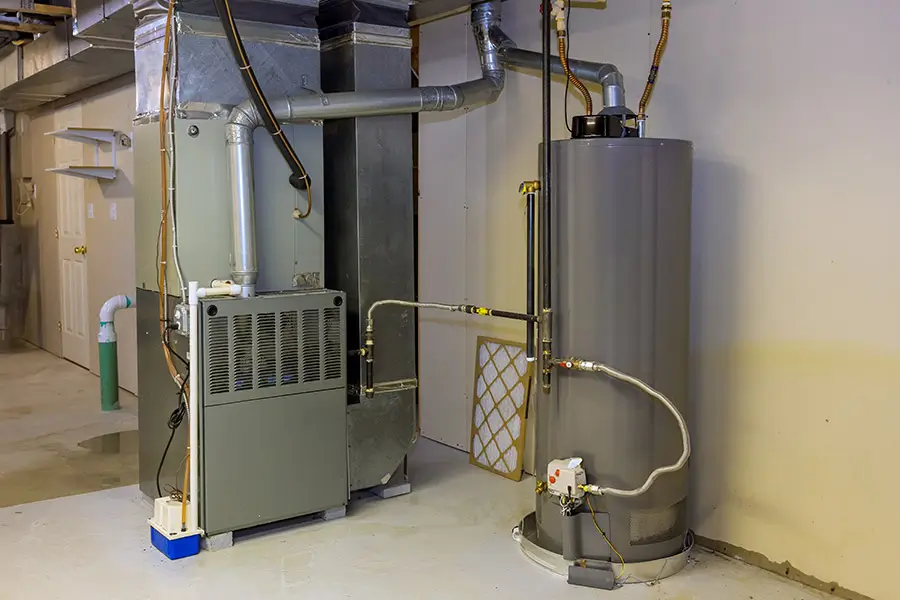 Basement gas furnace and water heater with ductwork