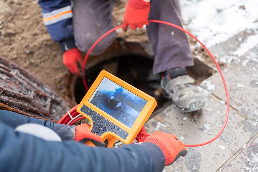 Technician using a camera to inspect sewer pipe