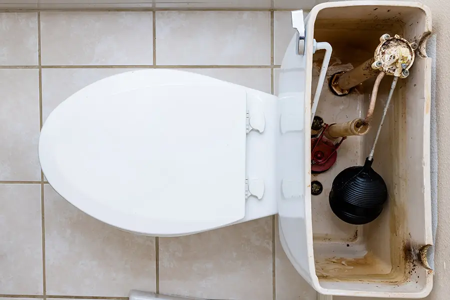 Toilet with open tank showing internal components and a plunger