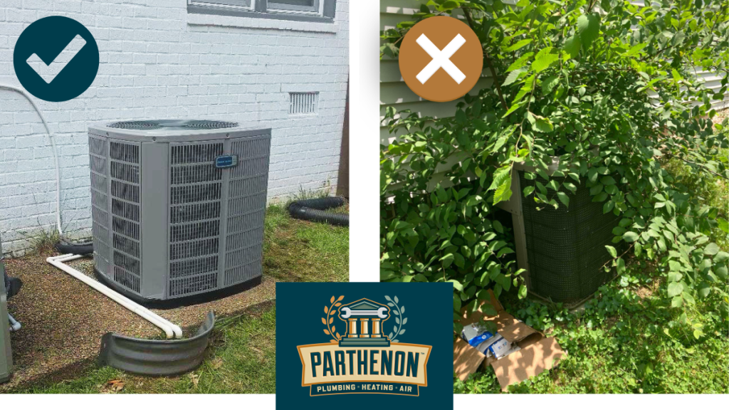 HVAC blocked by bushes and foilage in Nashville compared to a unit next to home in the clear